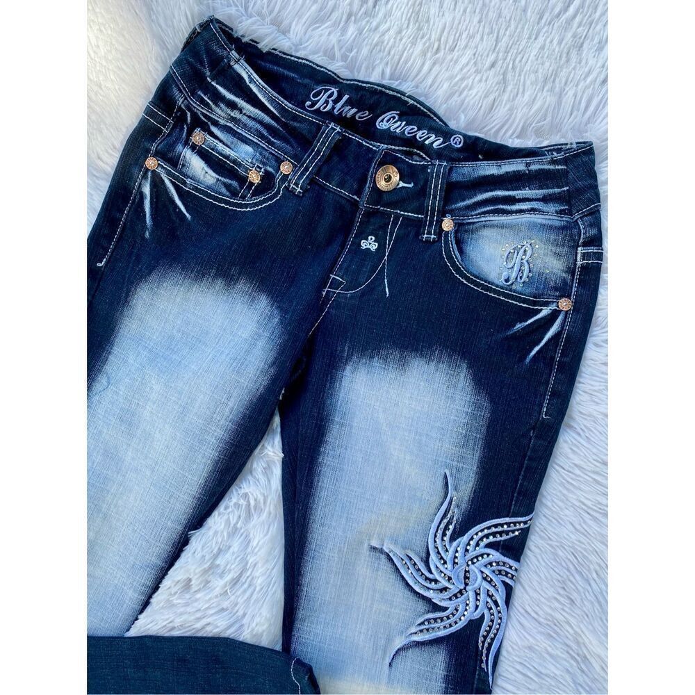 Y2K Vintage Blue Queen SZ 3/4 Dark Wash Factory Faded Bling Jeans